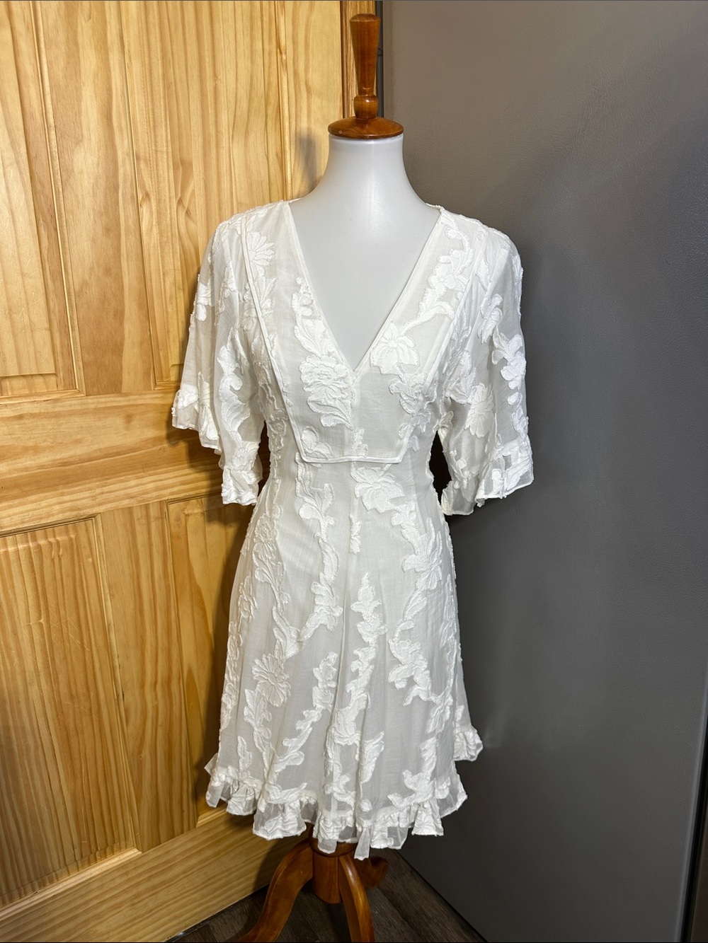 Tanya Taylor White Floral Embroidered Tie-Waist Mini Dress